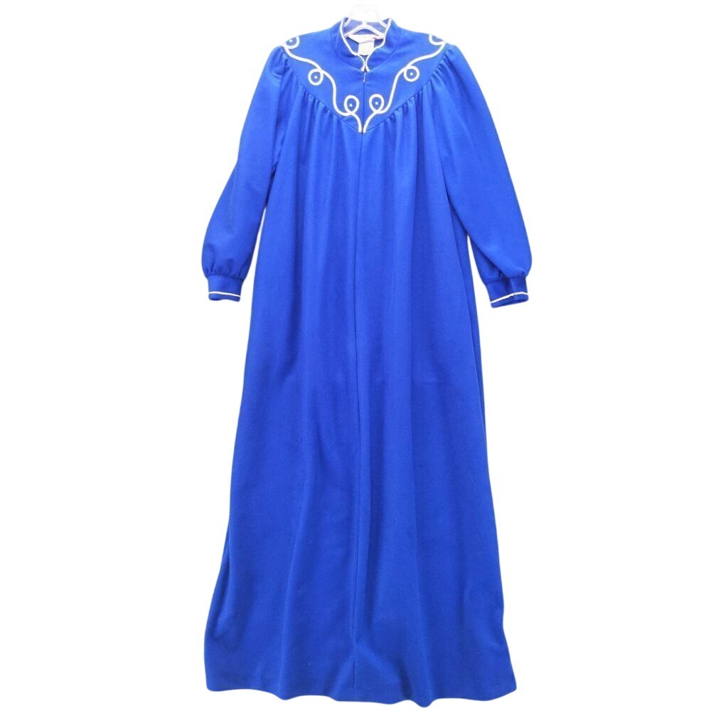 Evelyn Pearson Robe House Coat M Blue Vintage Zip Front Embroidered Maxi Lounger